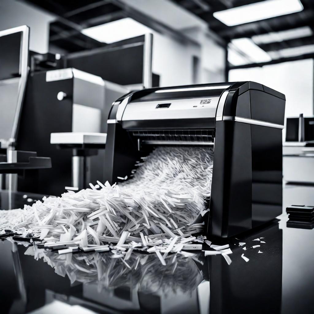 A close-up shot of a modern, sleek shredding machine in action, surrounded by a clean, organized office environment. Shot with a wide-angle lens to capture the details of the shredding mechanism and emphasize the precision of the equipment. The image is in high contrast black and white, with dramatic lighting to create a professional and sophisticated atmosphere.